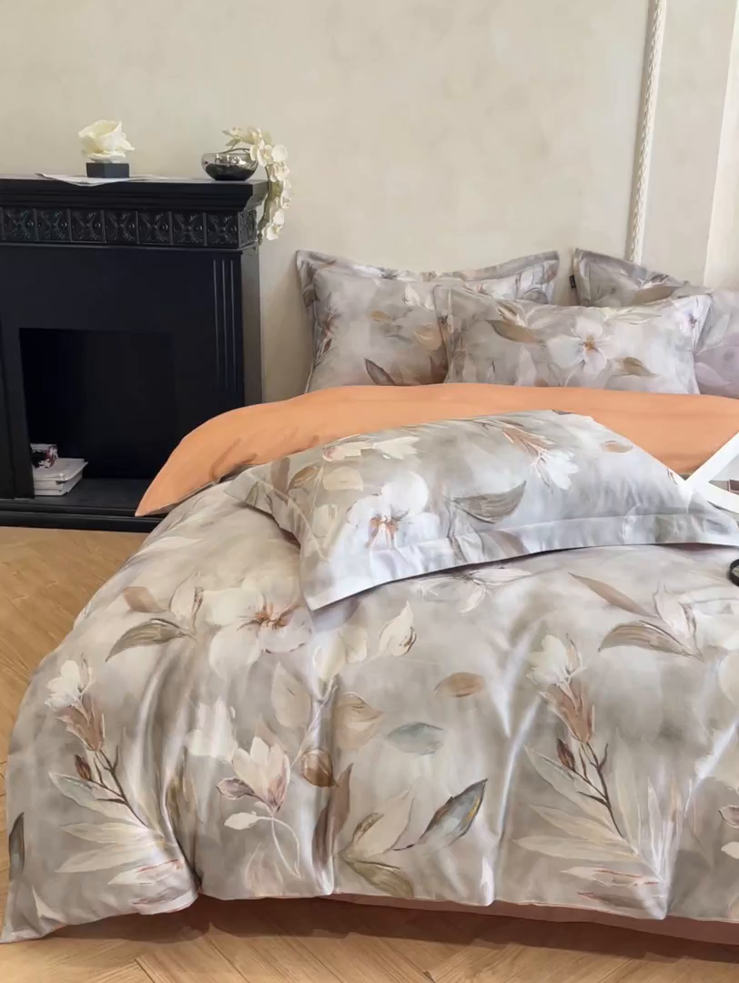 91家纺网 家纺一手货源 找家纺 禾时 2025新款全棉超柔数码印花磨毛四件套（32x21磨毛） 花期（咖）