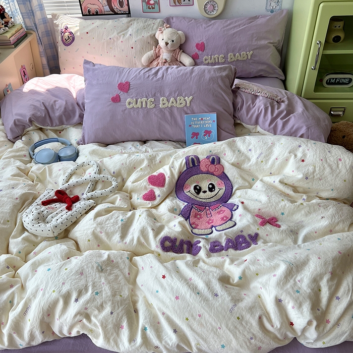 91家纺网 家纺一手货源 找家纺 原素 2025学生季少女心毛巾绣四件套 星星拉拉布