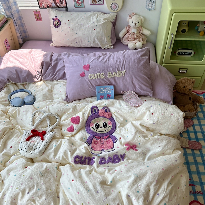 91家纺网 家纺一手货源 找家纺 原素 2025学生季少女心毛巾绣四件套 星星拉拉布