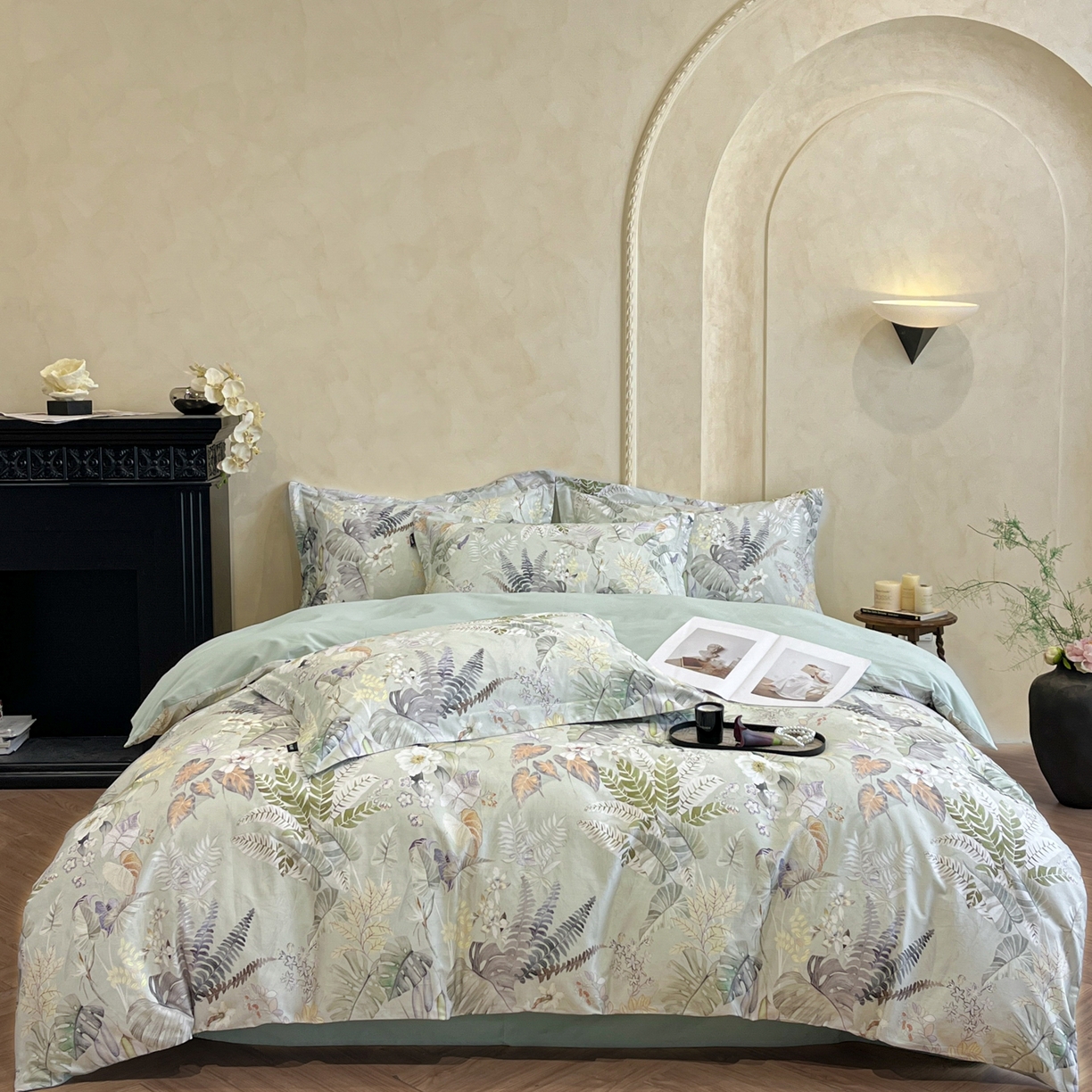 91家纺网 家纺一手货源 找家纺 禾时 2025新款全棉超柔数码印花磨毛四件套（32x21磨毛） 暮云春色（绿）