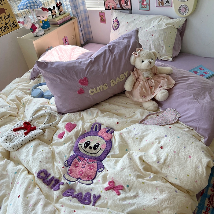 91家纺网 家纺一手货源 找家纺 原素 2025学生季少女心毛巾绣四件套 星星拉拉布