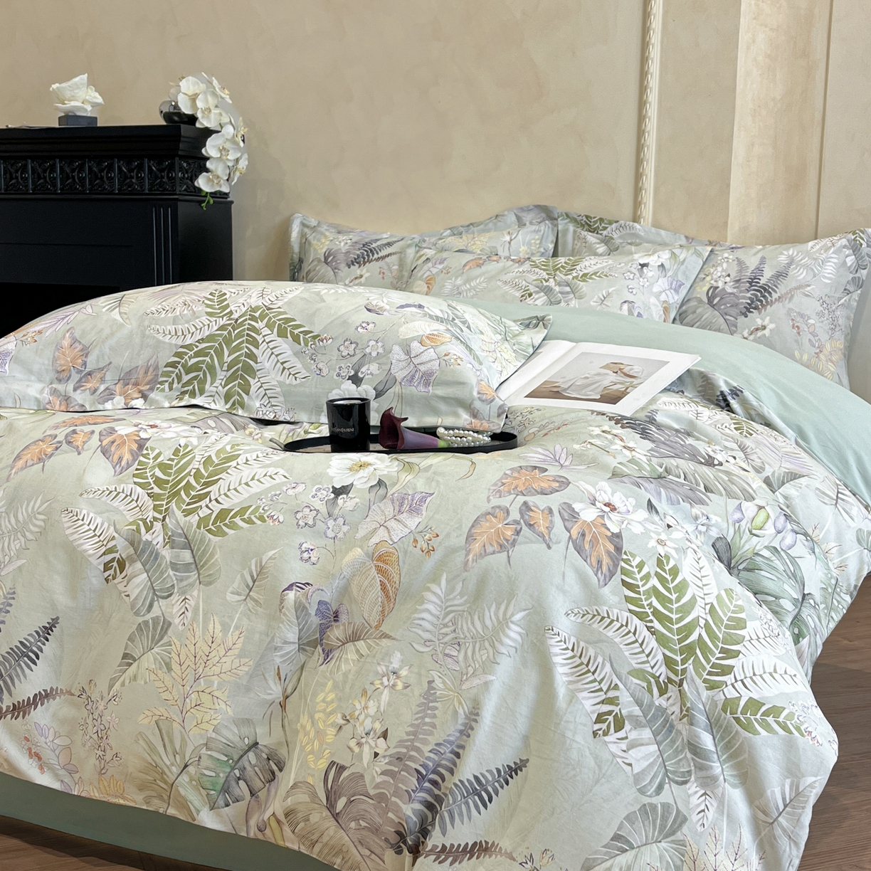 91家纺网 家纺一手货源 找家纺 禾时 2025新款全棉超柔数码印花磨毛四件套（32x21磨毛） 暮云春色（绿）