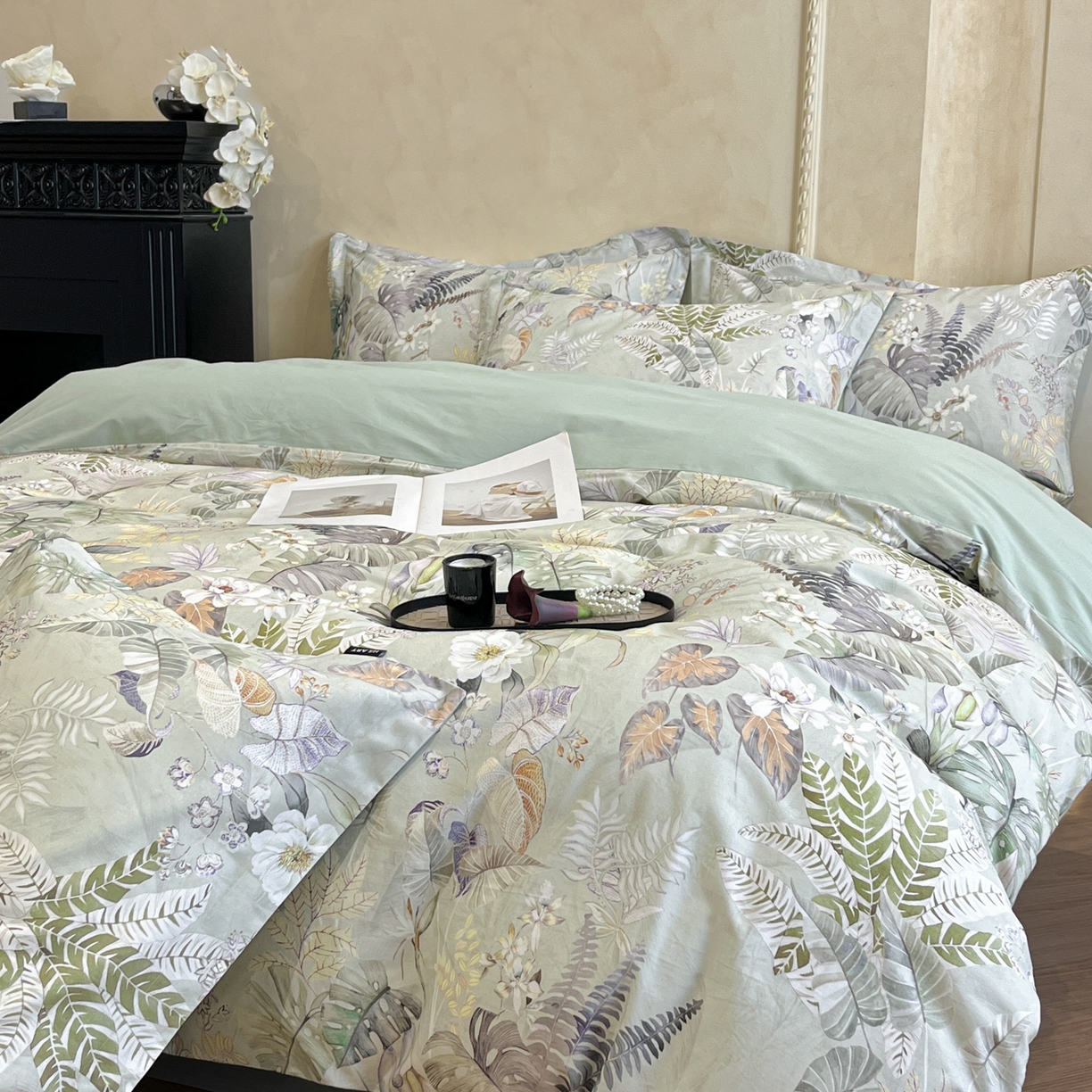 91家纺网 家纺一手货源 找家纺 禾时 2025新款全棉超柔数码印花磨毛四件套（32x21磨毛） 暮云春色（绿）