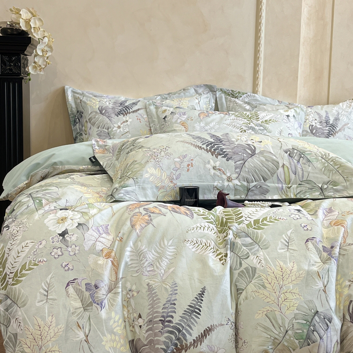 91家纺网 家纺一手货源 找家纺 禾时 2025新款全棉超柔数码印花磨毛四件套（32x21磨毛） 暮云春色（绿）