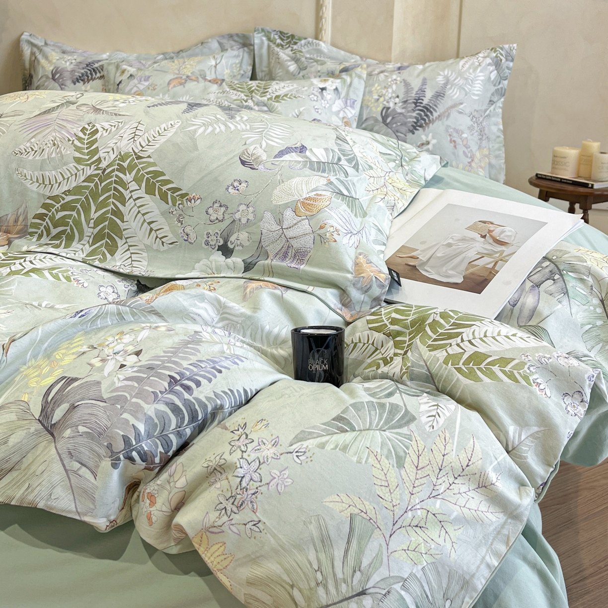 91家纺网 家纺一手货源 找家纺 禾时 2025新款全棉超柔数码印花磨毛四件套（32x21磨毛） 暮云春色（绿）