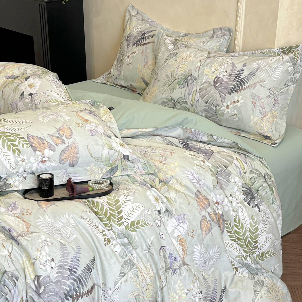 91家纺网 家纺一手货源 找家纺 禾时 2025新款全棉超柔数码印花磨毛四件套（32x21磨毛） 暮云春色（绿）