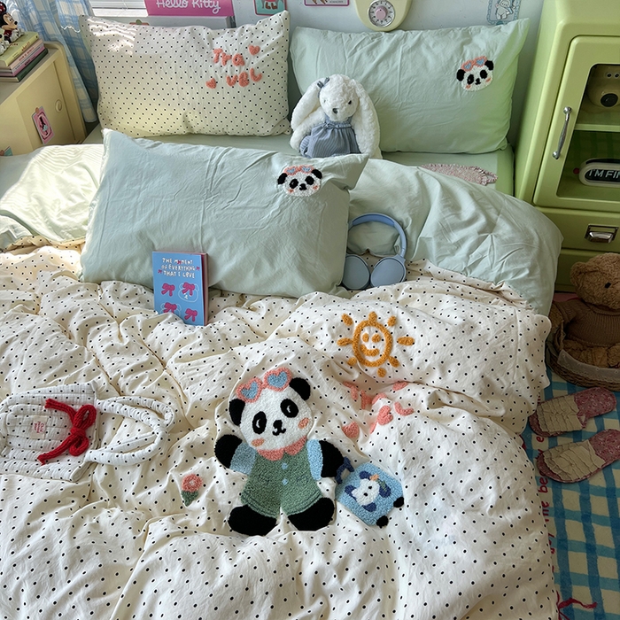 91家纺网 家纺一手货源 找家纺 原素 2025学生季少女心毛巾绣四件套 熊猫去旅行