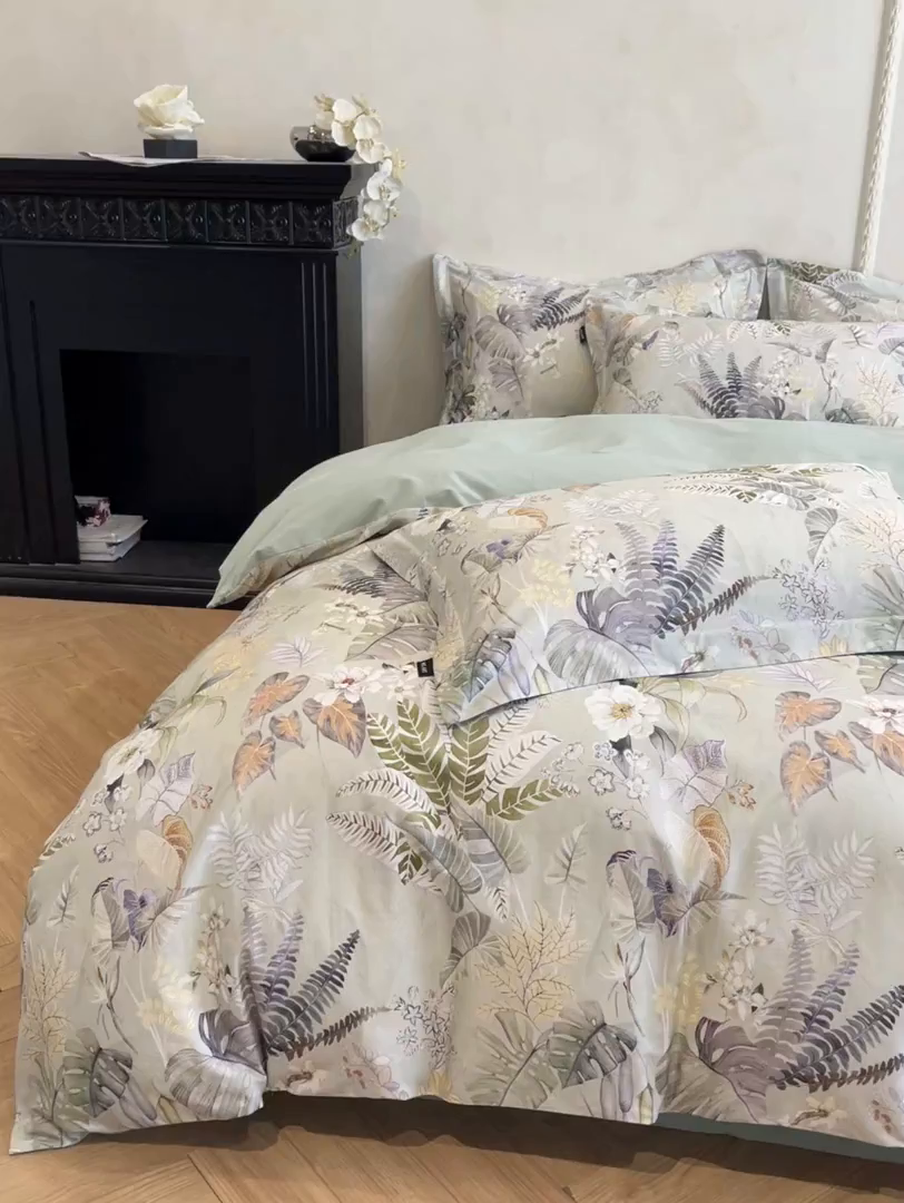 91家纺网 家纺一手货源 找家纺 禾时 2025新款全棉超柔数码印花磨毛四件套（32x21磨毛） 暮云春色（绿）