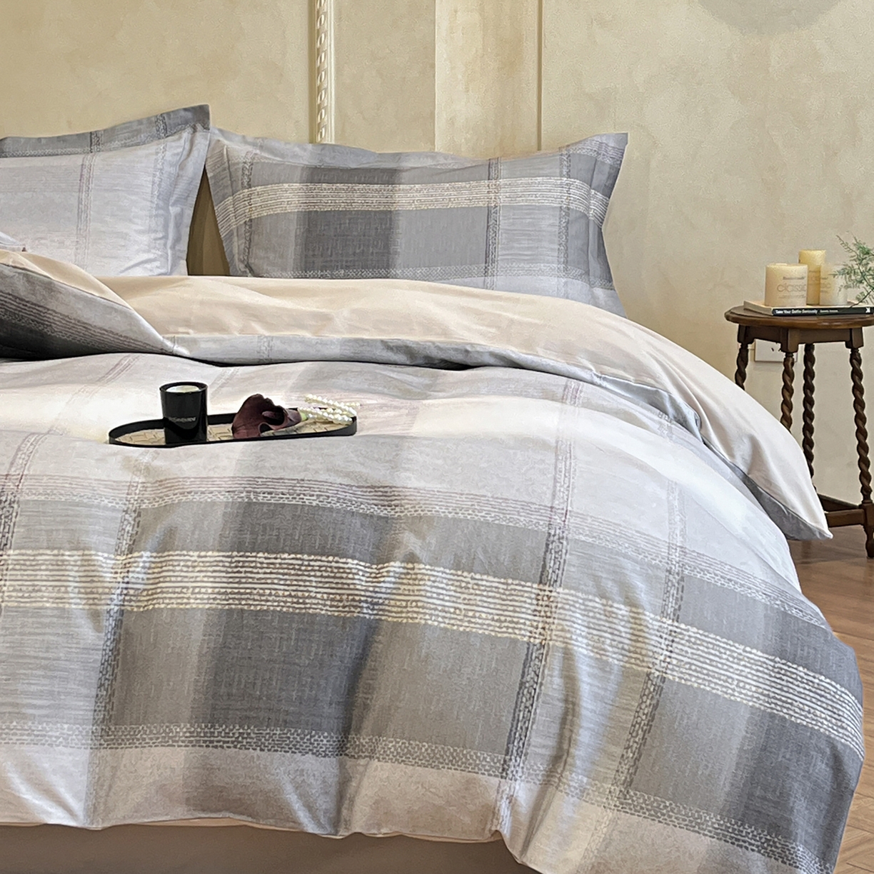 禾时 2025新款全棉超柔数码印花磨毛四件套（32x21磨毛） 轻织漫冬（灰）