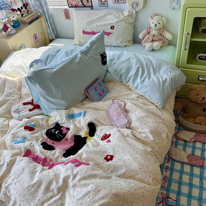 91家纺网 家纺一手货源 找家纺 原素 2025学生季少女心毛巾绣四件套 爱美的小猫