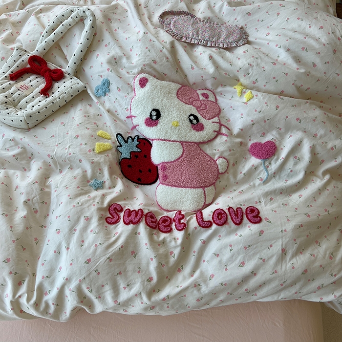 91家纺网 家纺一手货源 找家纺 原素 2025学生季少女心毛巾绣四件套 草莓猫猫