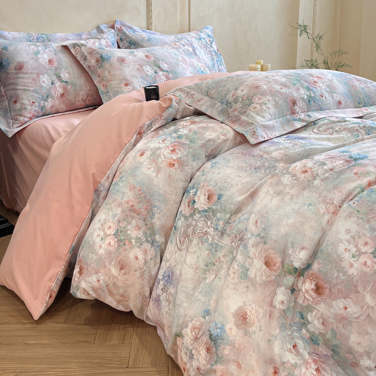 91家纺网 家纺一手货源 找家纺 禾时 2025新款全棉超柔数码印花磨毛四件套（32x21磨毛） 倾城花恋（粉）