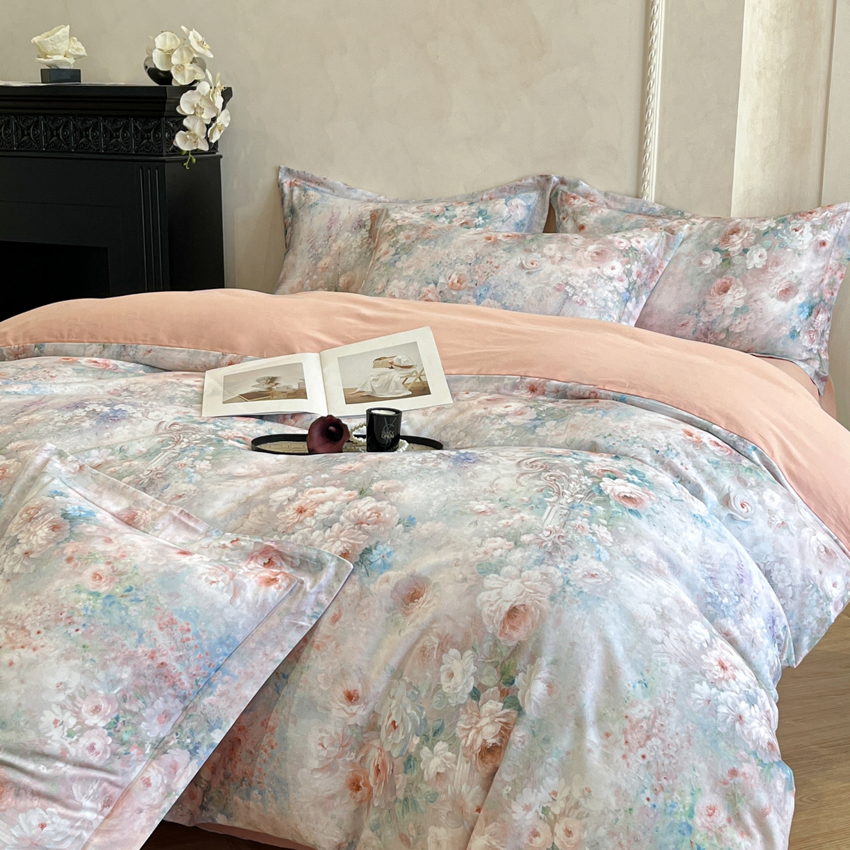 91家纺网 家纺一手货源 找家纺 禾时 2025新款全棉超柔数码印花磨毛四件套（32x21磨毛） 倾城花恋（粉）