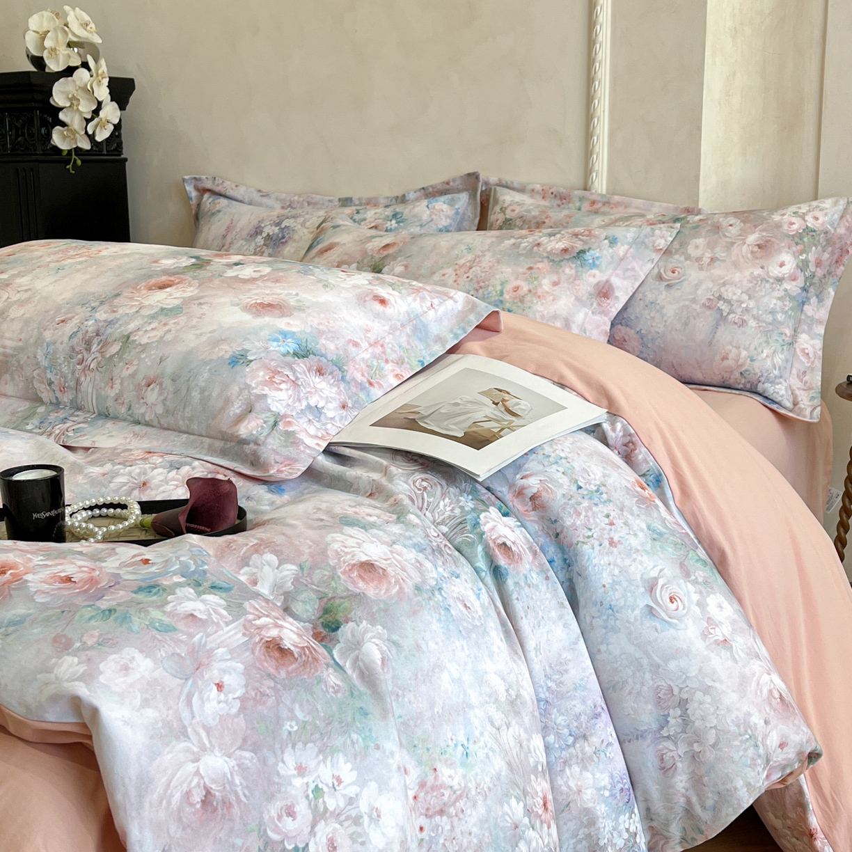 91家纺网 家纺一手货源 找家纺 禾时 2025新款全棉超柔数码印花磨毛四件套（32x21磨毛） 倾城花恋（粉）