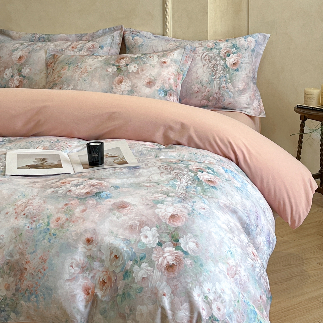 91家纺网 家纺一手货源 找家纺 禾时 2025新款全棉超柔数码印花磨毛四件套（32x21磨毛） 倾城花恋（粉）