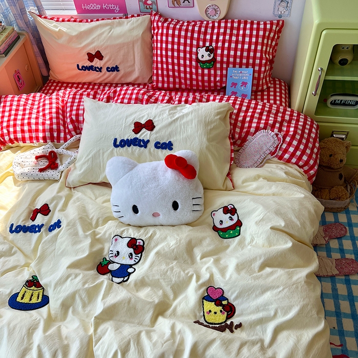 91家纺网 家纺一手货源 找家纺 原素 2025学生季少女心毛巾绣四件套 蛋糕猫咪