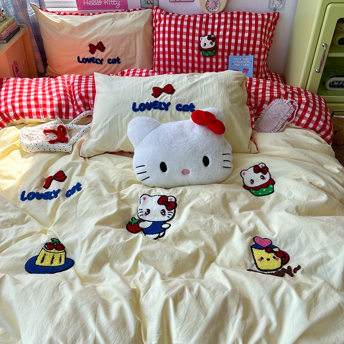 91家纺网 家纺一手货源 找家纺 原素 2025学生季少女心毛巾绣四件套 蛋糕猫咪