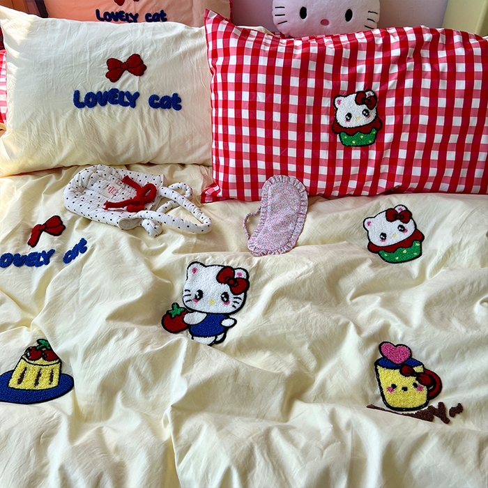 91家纺网 家纺一手货源 找家纺 原素 2025学生季少女心毛巾绣四件套 蛋糕猫咪