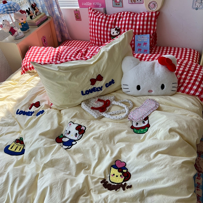 91家纺网 家纺一手货源 找家纺 原素 2025学生季少女心毛巾绣四件套 蛋糕猫咪