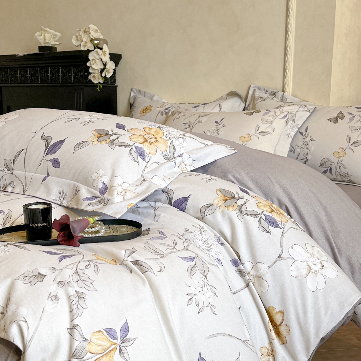 91家纺网 家纺一手货源 找家纺 禾时 2025新款全棉超柔数码印花磨毛四件套（32x21磨毛） 硕朵（灰）