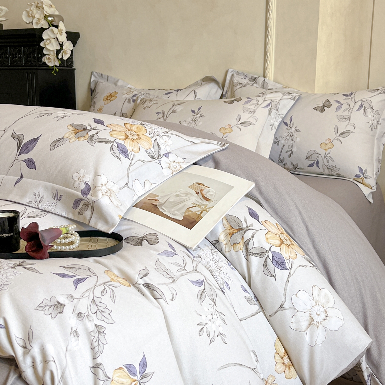 91家纺网 家纺一手货源 找家纺 禾时 2025新款全棉超柔数码印花磨毛四件套（32x21磨毛） 硕朵（灰）