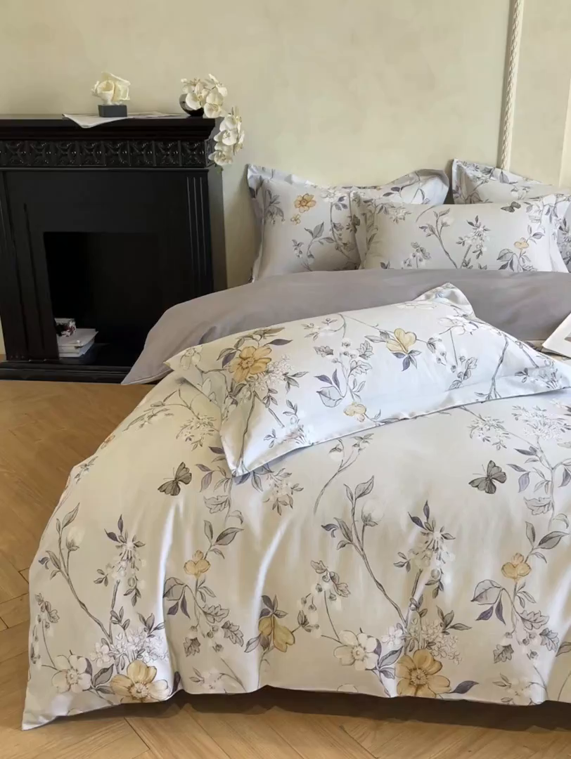 91家纺网 家纺一手货源 找家纺 禾时 2025新款全棉超柔数码印花磨毛四件套（32x21磨毛） 硕朵（灰）