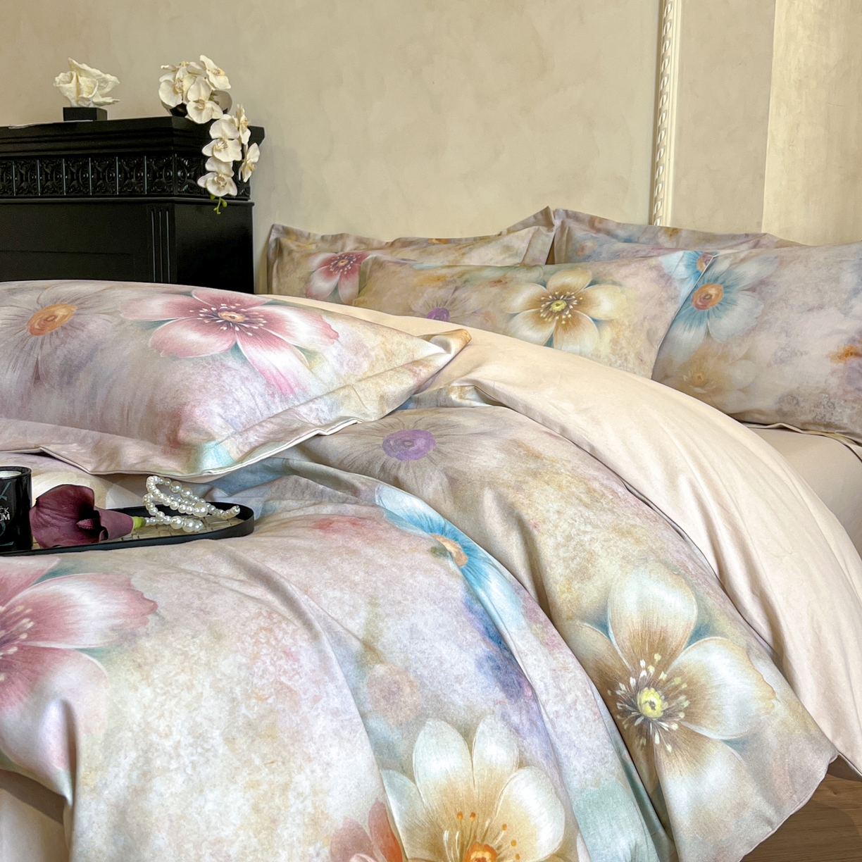 91家纺网 家纺一手货源 找家纺 禾时 2025新款全棉超柔数码印花磨毛四件套（32x21磨毛） 听妍（米）