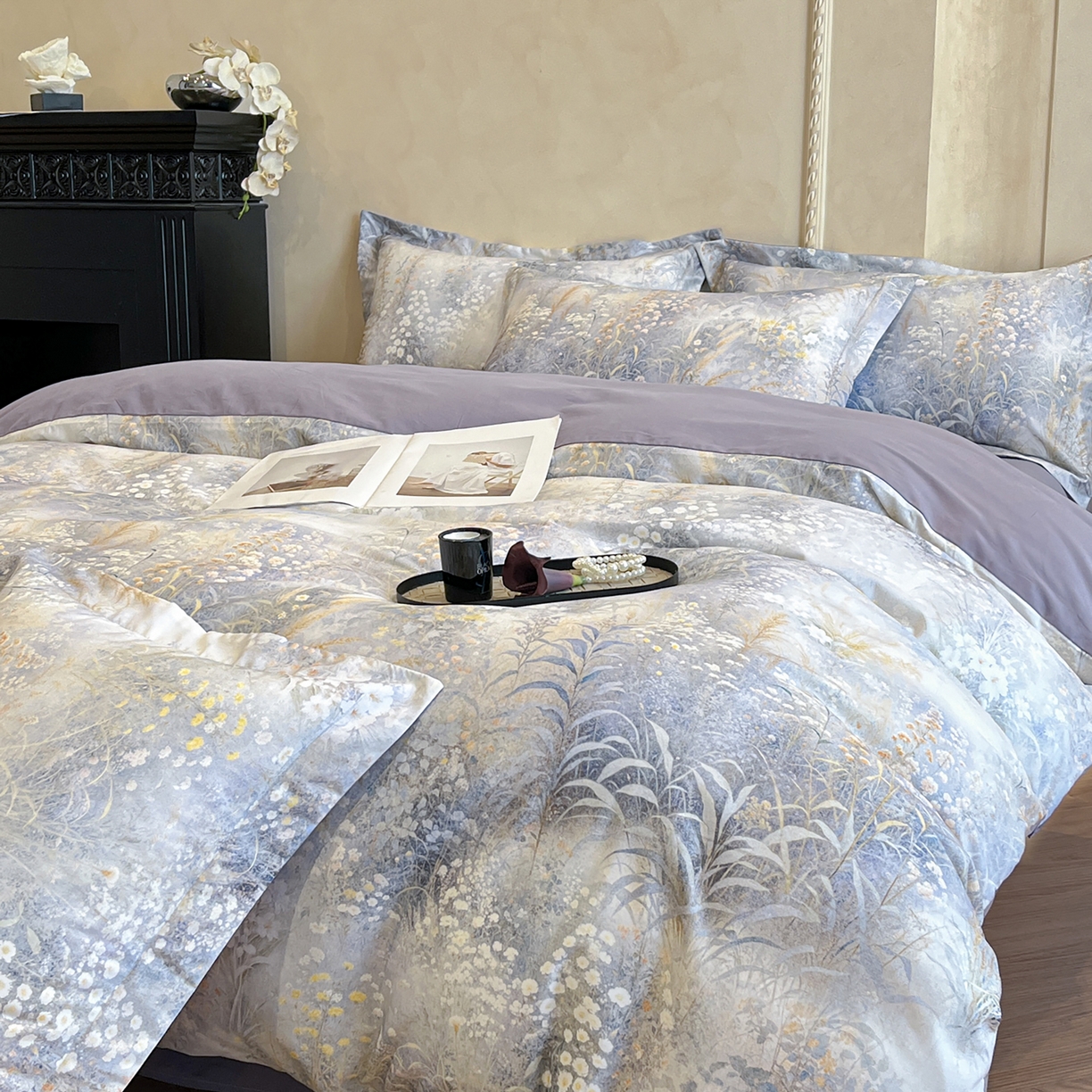 91家纺网 家纺一手货源 找家纺 禾时 2025新款全棉超柔数码印花磨毛四件套（32x21磨毛） 望野集（灰）