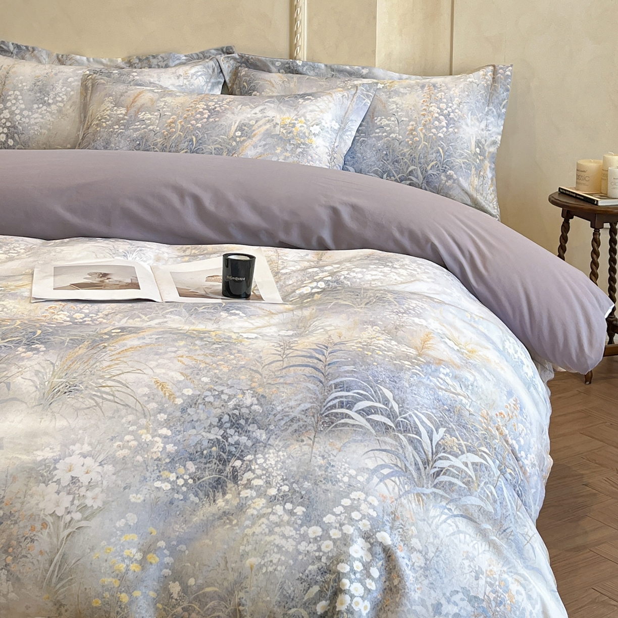 91家纺网 家纺一手货源 找家纺 禾时 2025新款全棉超柔数码印花磨毛四件套（32x21磨毛） 望野集（灰）