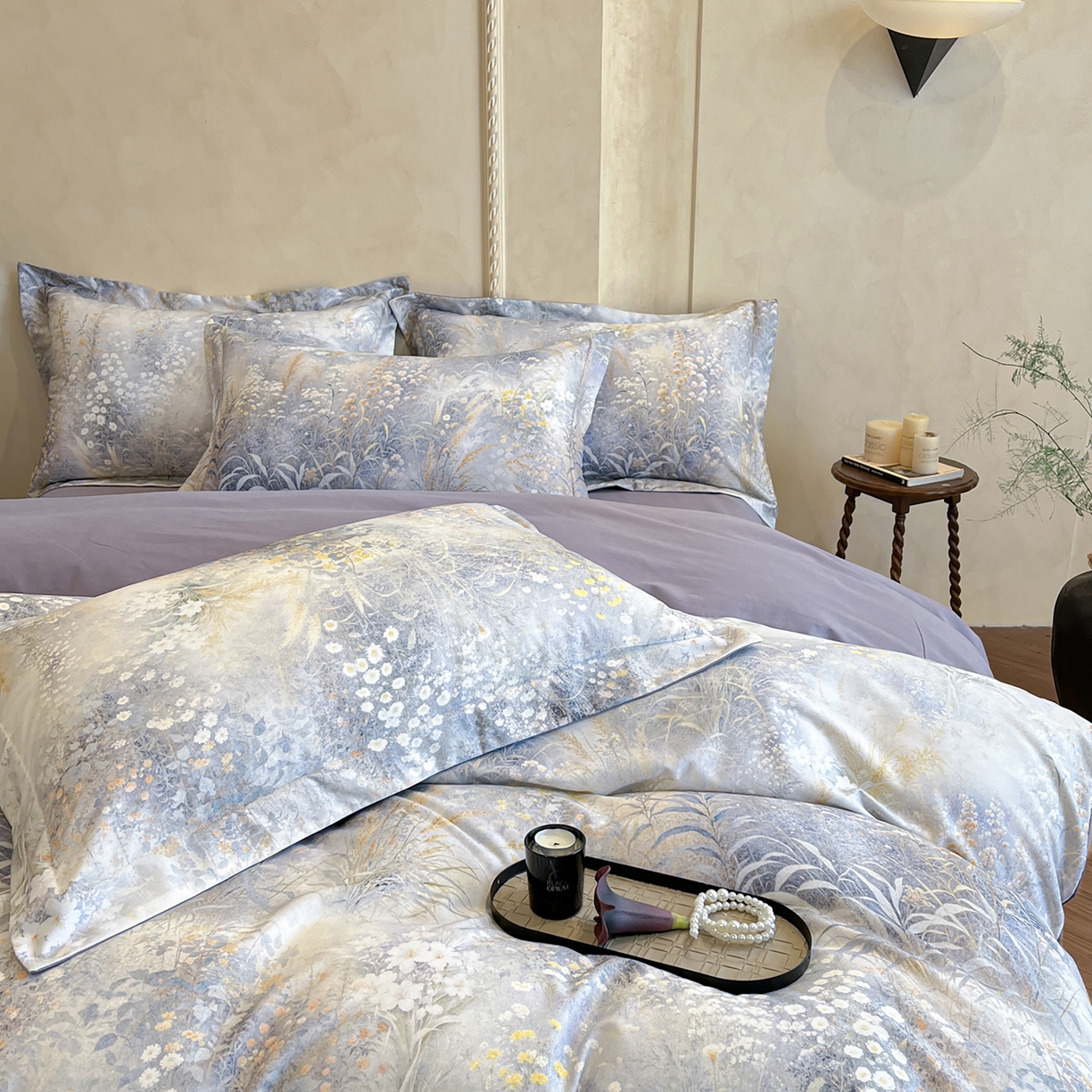 91家纺网 家纺一手货源 找家纺 禾时 2025新款全棉超柔数码印花磨毛四件套（32x21磨毛） 望野集（灰）