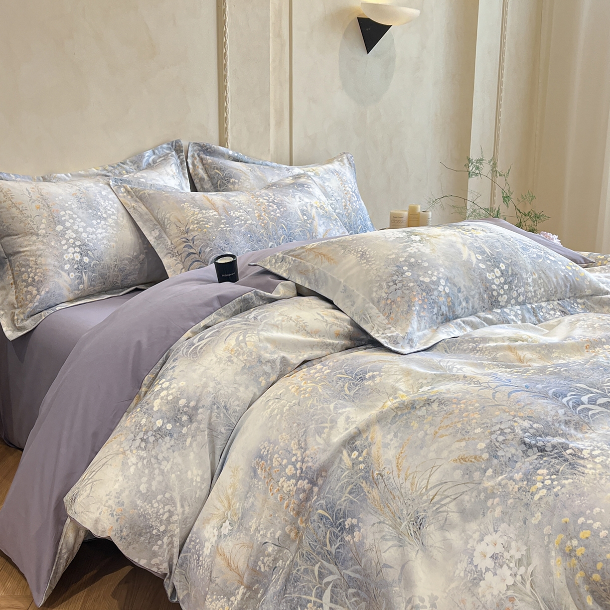 91家纺网 家纺一手货源 找家纺 禾时 2025新款全棉超柔数码印花磨毛四件套（32x21磨毛） 望野集（灰）