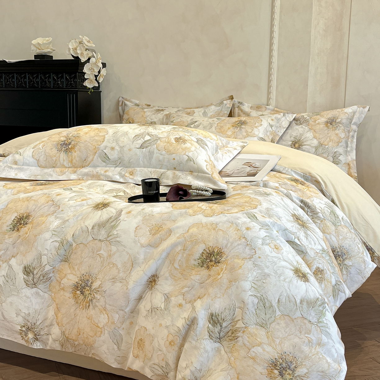 91家纺网 家纺一手货源 找家纺 禾时 2025新款全棉超柔数码印花磨毛四件套（32x21磨毛） 香兰（黄）