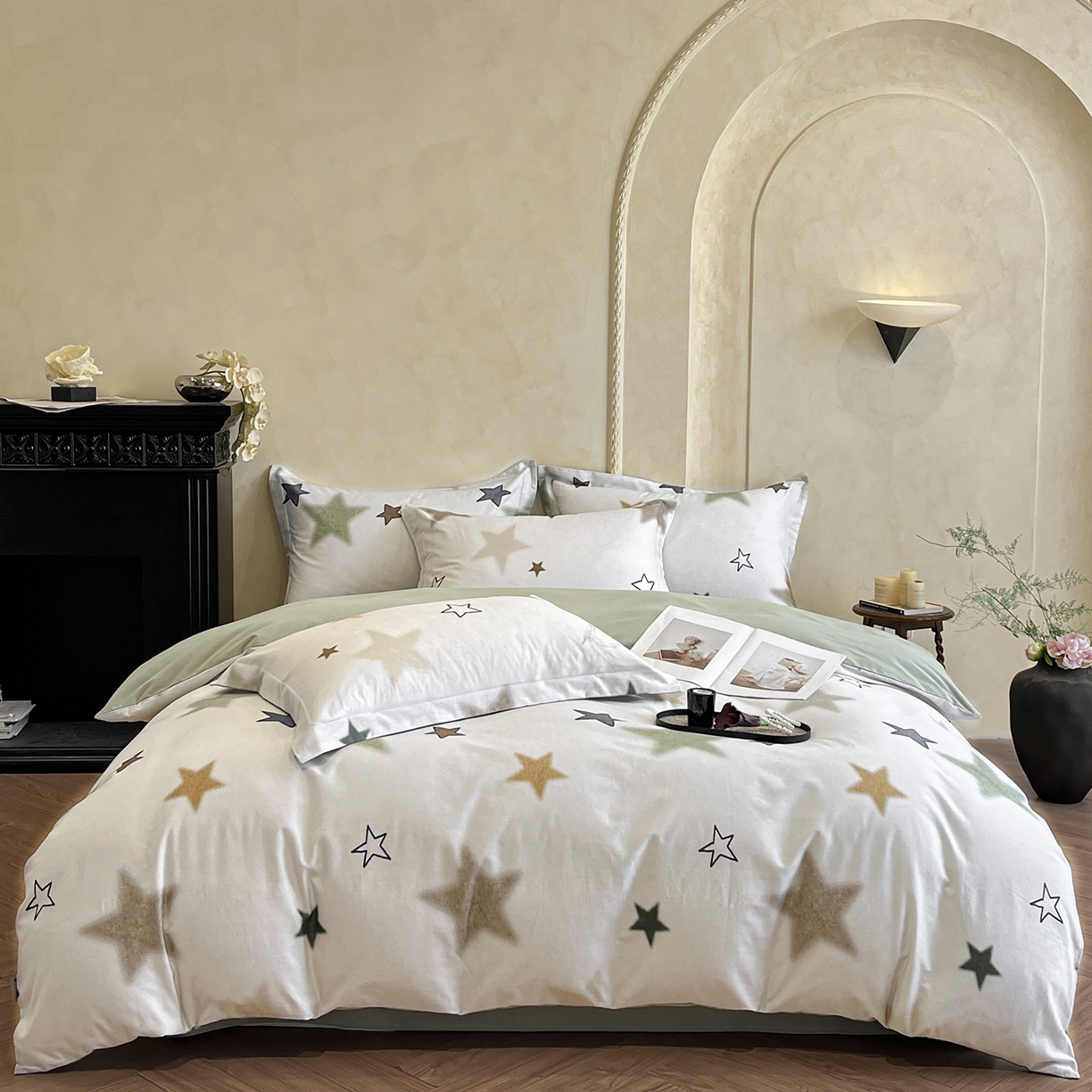 91家纺网 家纺一手货源 找家纺 禾时 2025新款全棉超柔数码印花磨毛四件套（32x21磨毛） 星彩（绿）