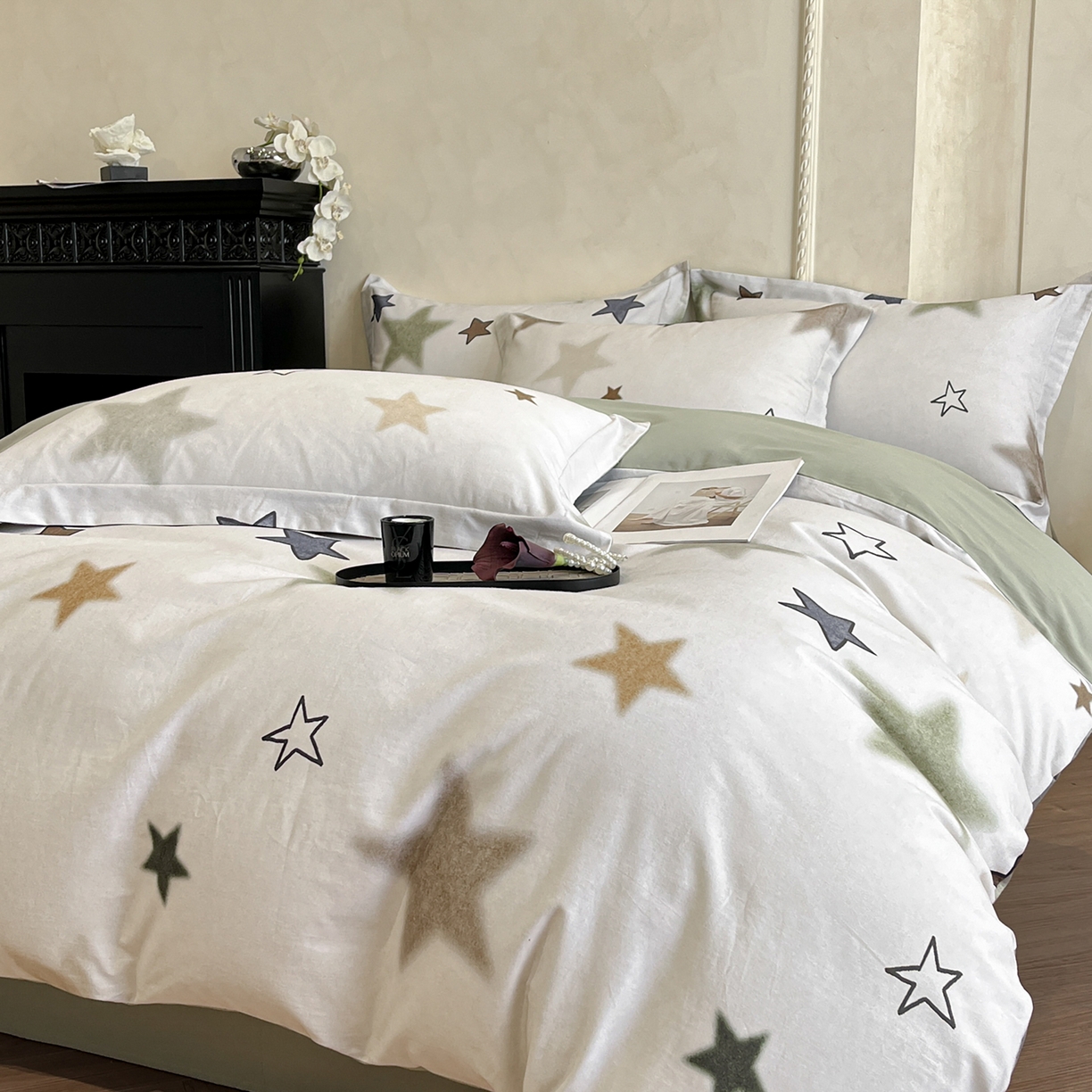 91家纺网 家纺一手货源 找家纺 禾时 2025新款全棉超柔数码印花磨毛四件套（32x21磨毛） 星彩（绿）