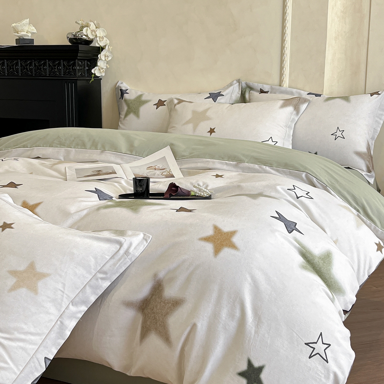 91家纺网 家纺一手货源 找家纺 禾时 2025新款全棉超柔数码印花磨毛四件套（32x21磨毛） 星彩（绿）