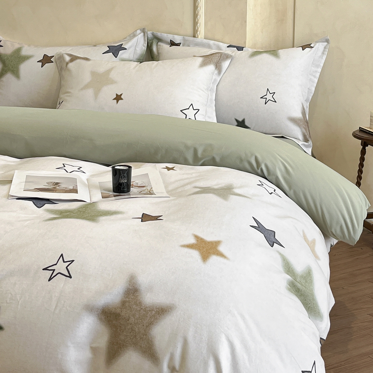 91家纺网 家纺一手货源 找家纺 禾时 2025新款全棉超柔数码印花磨毛四件套（32x21磨毛） 星彩（绿）