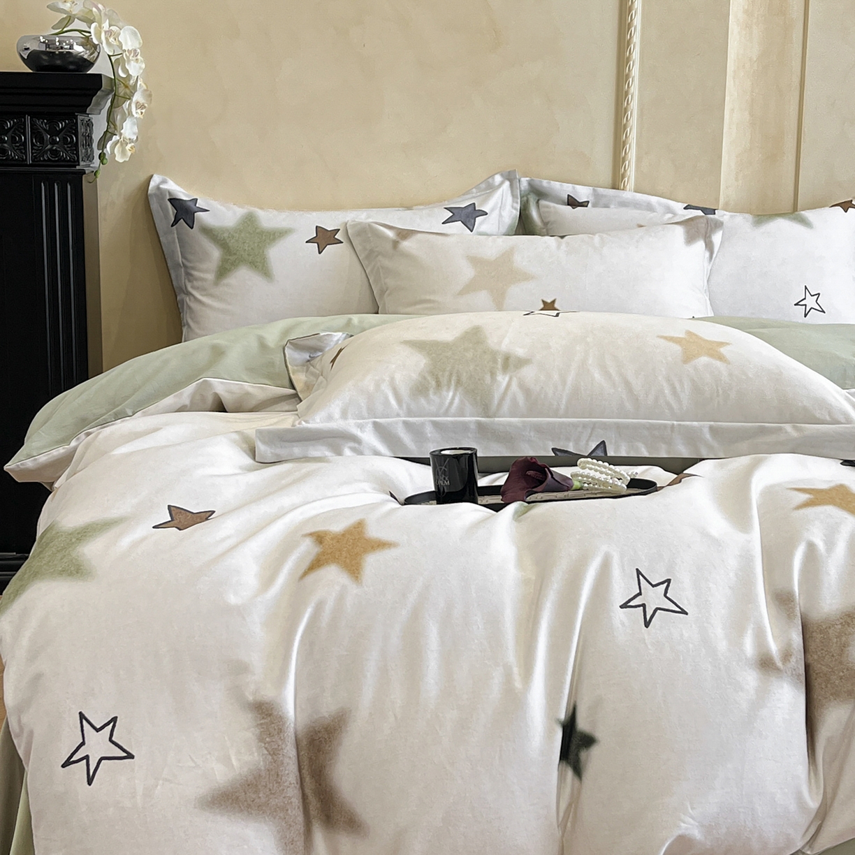 91家纺网 家纺一手货源 找家纺 禾时 2025新款全棉超柔数码印花磨毛四件套（32x21磨毛） 星彩（绿）