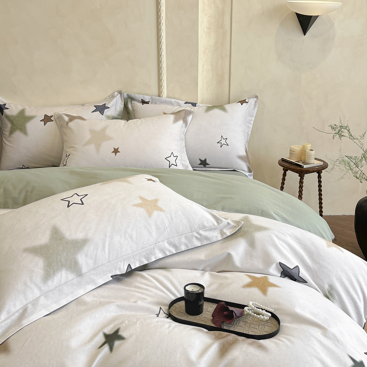 91家纺网 家纺一手货源 找家纺 禾时 2025新款全棉超柔数码印花磨毛四件套（32x21磨毛） 星彩（绿）