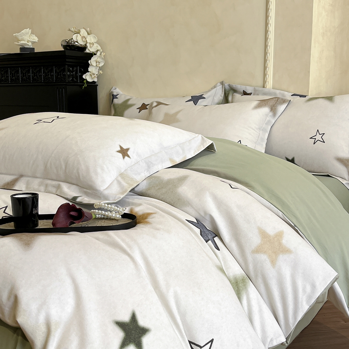 91家纺网 家纺一手货源 找家纺 禾时 2025新款全棉超柔数码印花磨毛四件套（32x21磨毛） 星彩（绿）