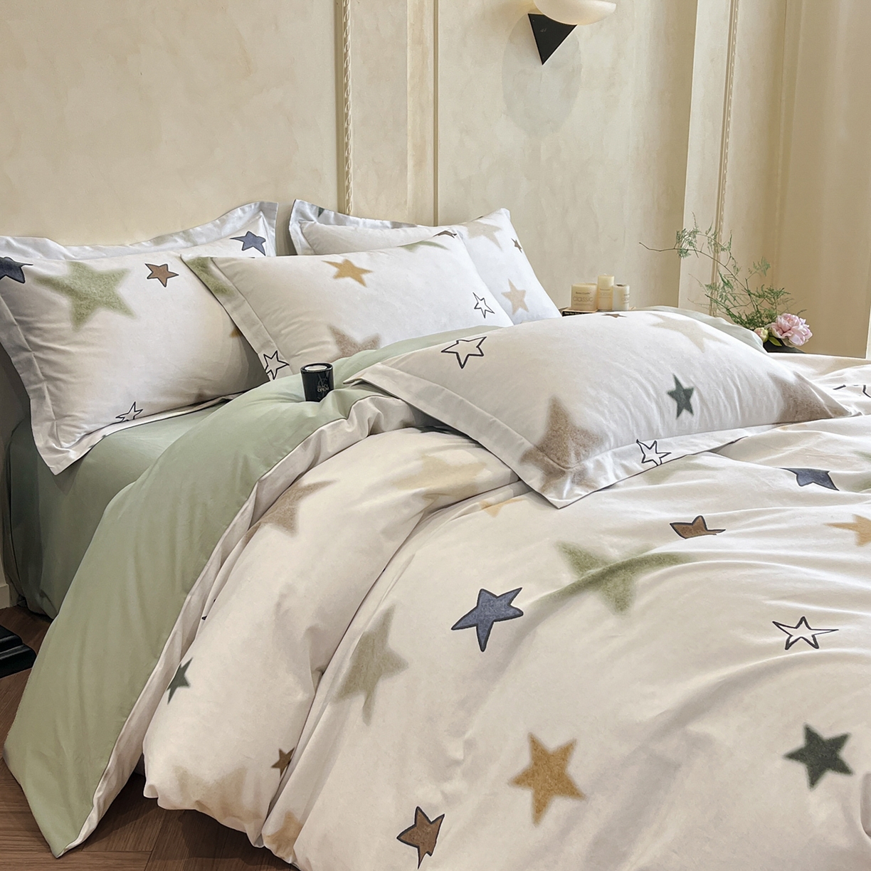 91家纺网 家纺一手货源 找家纺 禾时 2025新款全棉超柔数码印花磨毛四件套（32x21磨毛） 星彩（绿）