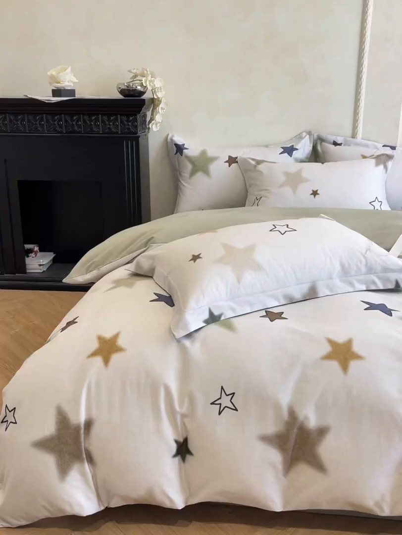 91家纺网 家纺一手货源 找家纺 禾时 2025新款全棉超柔数码印花磨毛四件套（32x21磨毛） 星彩（绿）