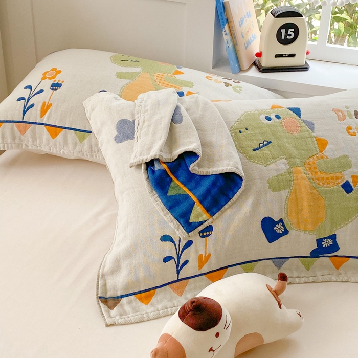 91家纺网 家纺一手货源 找家纺 美宜家2025新款全棉水洗纱布枕巾 快乐呀一对