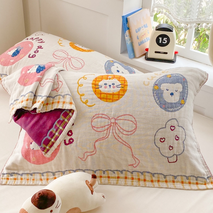 91家纺网 家纺一手货源 找家纺 美宜家2025新款全棉水洗纱布枕巾 梦幻蝶结一对