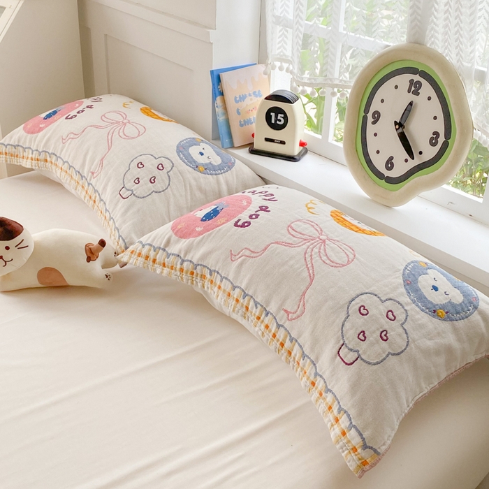 91家纺网 家纺一手货源 找家纺 美宜家2025新款全棉水洗纱布枕巾 梦幻蝶结一对