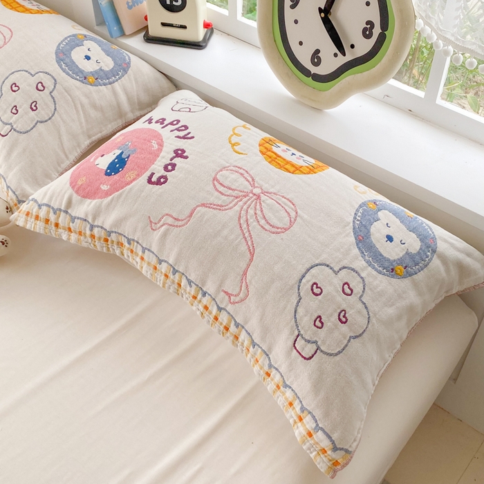 91家纺网 家纺一手货源 找家纺 美宜家2025新款全棉水洗纱布枕巾 梦幻蝶结一对