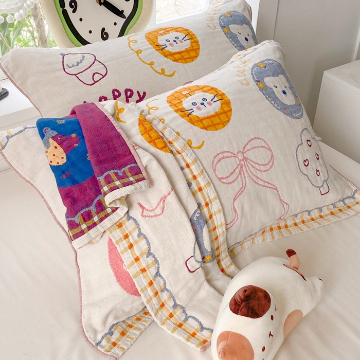 美宜家2025新款全棉水洗纱布枕巾 梦幻蝶结一对