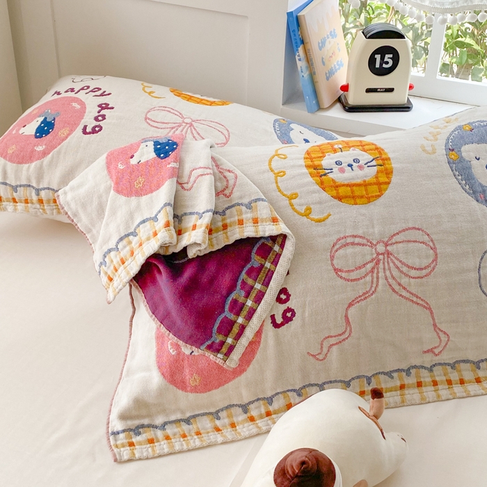 91家纺网 家纺一手货源 找家纺 美宜家2025新款全棉水洗纱布枕巾 梦幻蝶结一对