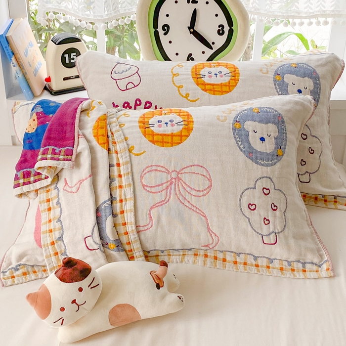 91家纺网 家纺一手货源 找家纺 美宜家2025新款全棉水洗纱布枕巾 梦幻蝶结一对