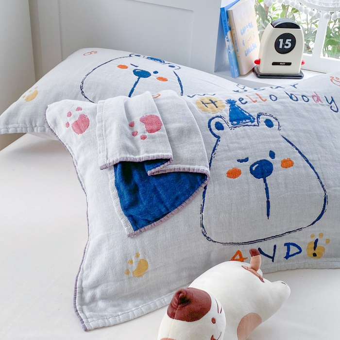 91家纺网 家纺一手货源 找家纺 美宜家2025新款全棉水洗纱布枕巾 胖嘟嘟一只