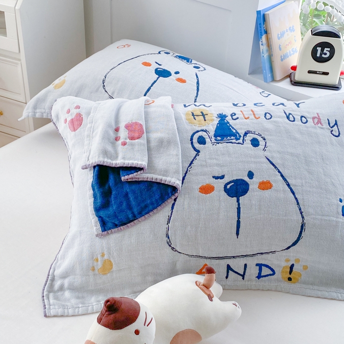 91家纺网 家纺一手货源 找家纺 美宜家2025新款全棉水洗纱布枕巾 胖嘟嘟一只